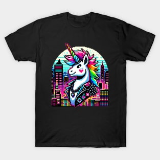 Neon Punk Unicorn in Pixelated Cityscape - Urban Fantasy Art T-Shirt